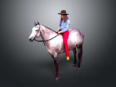 Man Riding Dappled Gray Horse Wearing Brown Hat And Red Pants 3d model