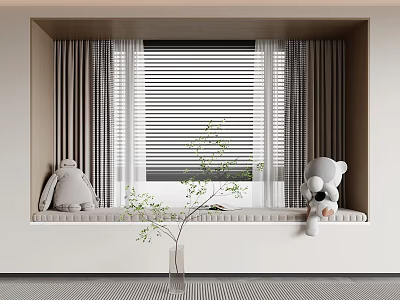 Cozy Bay Window Seating With Curtains Blinds Stuffed Toys And Potted Plant 3d model
