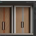 Wooden Double Doors With Brown White Decorative Strips And Metal Handles
