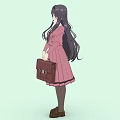 Anime Woman With Long Hair In Pink Dress Holding Brown Suitcase Light Green Background