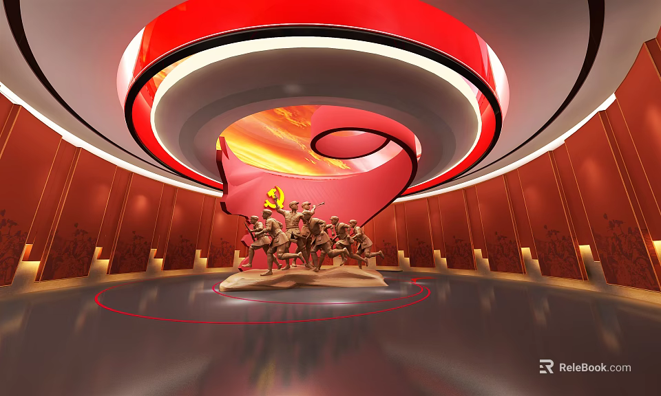 Red Spiral Sculpture Display In Circular Exhibition Hall With Warm Lighting 3d model 