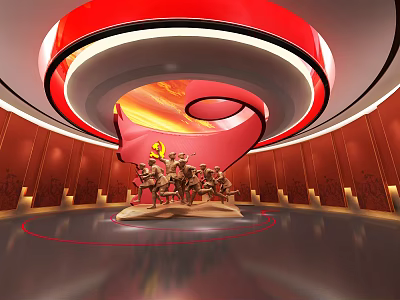 Red Spiral Sculpture Display In Circular Exhibition Hall With Warm Lighting 3d model