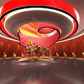 Red Spiral Sculpture Display In Circular Exhibition Hall With Warm Lighting