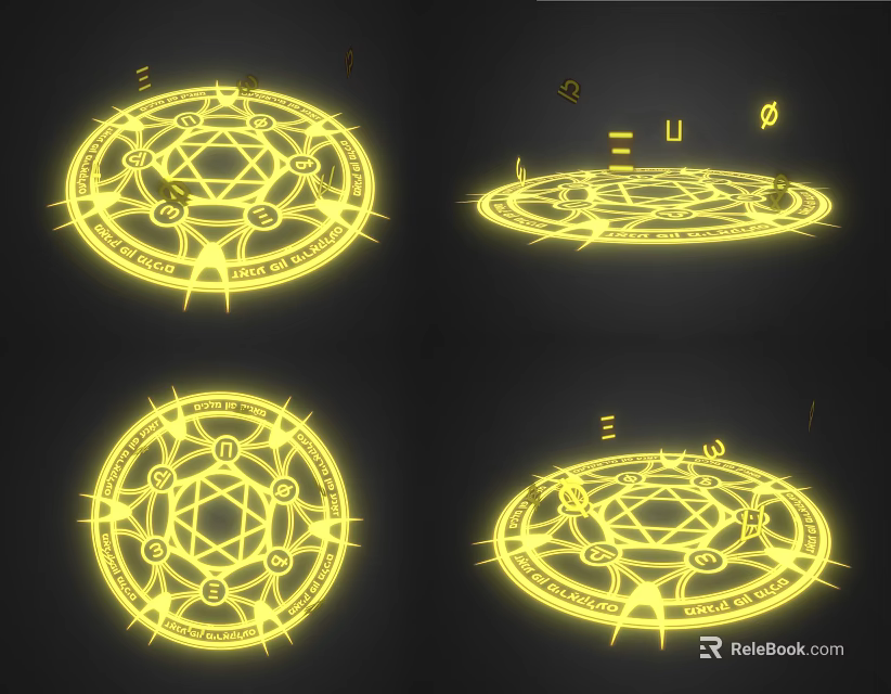 Four Different Glowing Yellow Magic Circles With Mystical Symbols And Designs 3d model 