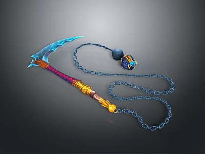 Ornate Fantasy Weapon With Blue Blade Colorful Handle Golden Accents Chain And Decorative Pendant 3d model