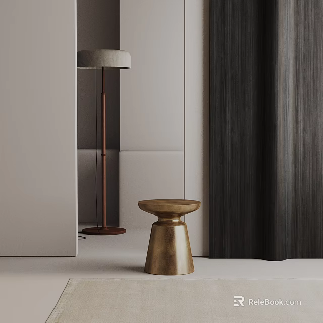 Modern Minimalist Brass Side Table with Floor Lamp Gray Wall and Dark Curtain 3d model 