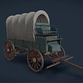 Vintage Horse Drawn Wagon With Canvas Cover And Wooden Wheels On Blue Retro Body