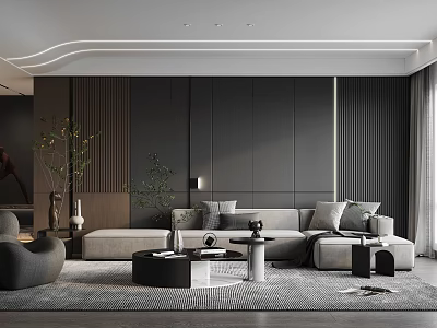 Modern Elegant Living Room Interior Design With Grey Sofa Coffee Table And Green Plants 3d model