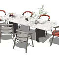 Modern Dining Table Set with Marble Top and Red Backrest White Cushion Chairs 3d model