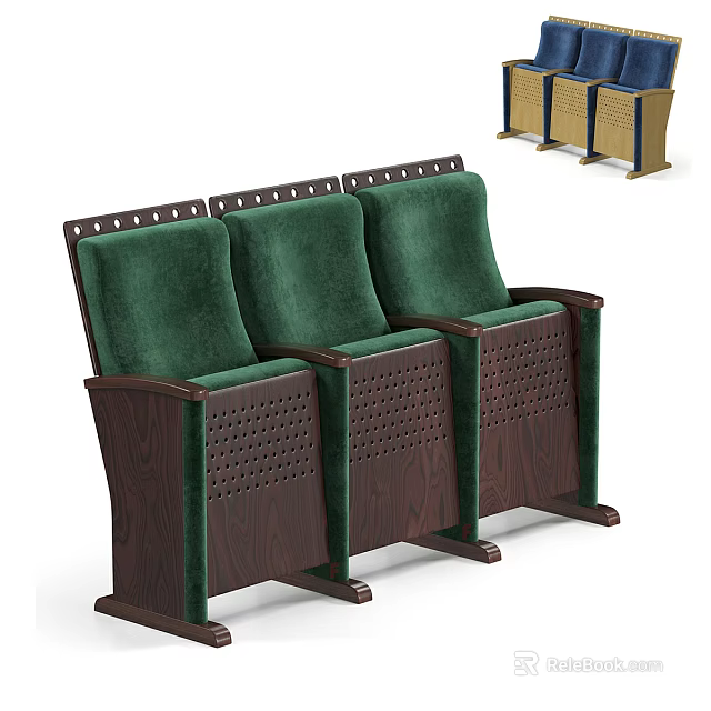 Three Connected Green Upholstered Leisure Chairs With Brown Wooden Frame Perforated Sides And Storage Baskets 3d model 