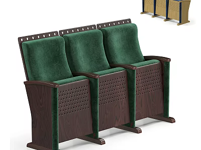 Three Connected Green Upholstered Leisure Chairs With Brown Wooden Frame Perforated Sides And Storage Baskets 3d model