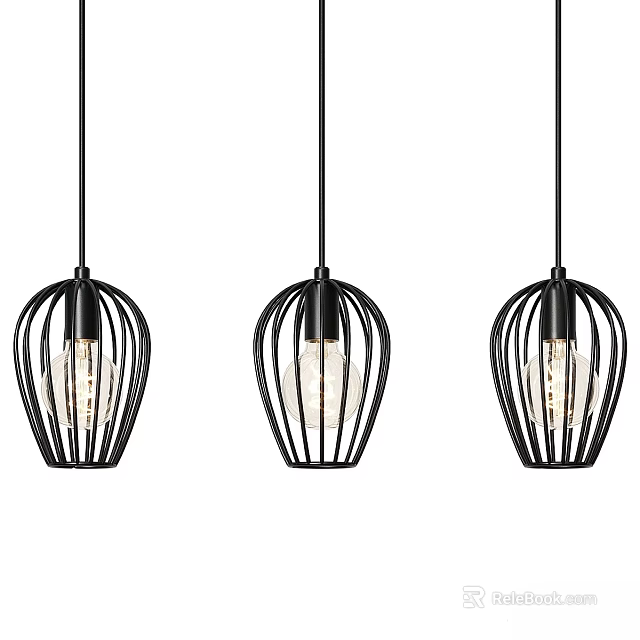 Three Modern Black Hanging Pendant Lights with Cage Design and Glass Shades 3d model 