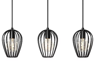 Three Modern Black Hanging Pendant Lights with Cage Design and Glass Shades 3d model