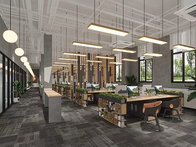Modern Public Office Space Featuring Open Workstations Ergonomic Chairs Hanging Lights And Green Plants 3d model