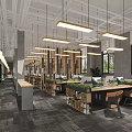 Modern Public Office Space Featuring Open Workstations Ergonomic Chairs Hanging Lights And Green Plants