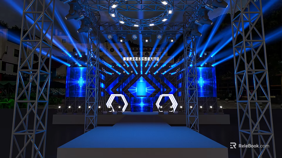 Modern Stage Platform Design With Blue Lighting Metal Frame LED Screens And Hexagons 3d model 