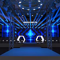 Modern Stage Platform Design With Blue Lighting Metal Frame LED Screens And Hexagons