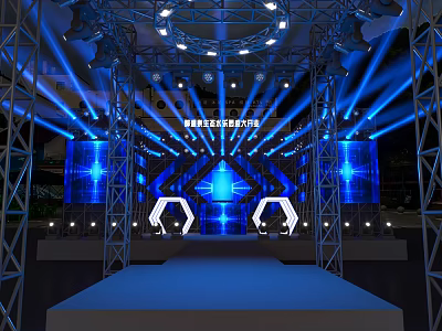 Modern Stage Platform Design With Blue Lighting Metal Frame LED Screens And Hexagons 3d model