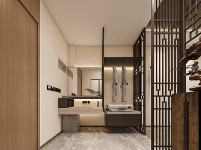 Modern Hotel Bathroom Interior With Wooden Elements Lattice Screen And Vanity Mirror 3d model