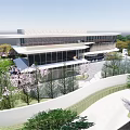 Modern Sales Office Building With Glass Facade Curved Design And Landscaped Greenery
