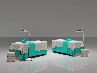 Turquoise Massage Beds With White Sheets Floor Lamps And Stools In Spa Room 3d model