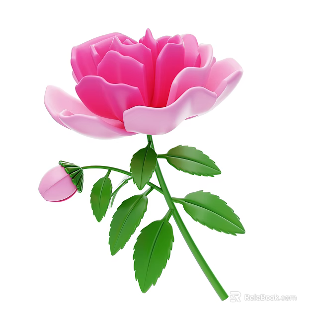 Blooming Pink Rose With Bud Green Stem And Fresh Leaves 3d model 