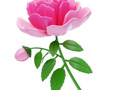 Blooming Pink Rose With Bud Green Stem And Fresh Leaves 3d model
