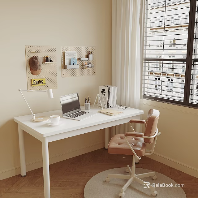 Minimalist White Home Office Desk With Laptop Lamp Coffee Mug Stationery Pin Boards And Pink Chair 3d model 
