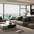 Modern Living and Dining Room Interior With Sofa Coffee Table Large Windows and Green Plants