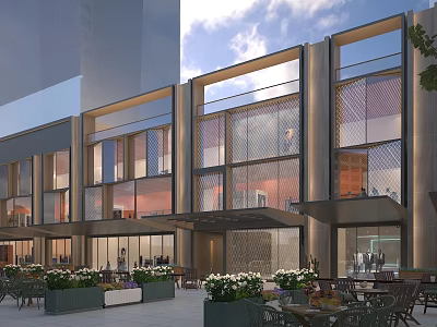 Modern Commercial Street Featuring Modern Architecture Glass Facades Outdoor Seating And Greenery 3d model