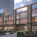 Modern Commercial Street Featuring Modern Architecture Glass Facades Outdoor Seating And Greenery