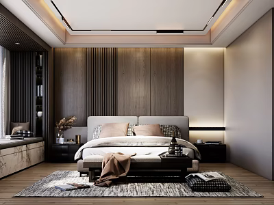 Modern Bedroom Interior Design With Wooden Paneled Wall Upholstered Bedhead Decorative Pillows And Area Rug 3d model