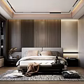 Modern Bedroom Interior Design With Wooden Paneled Wall Upholstered Bedhead Decorative Pillows And Area Rug