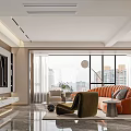 Modern Living and Dining Room Interior with Marble Wall Green Chairs TV and Fireplace