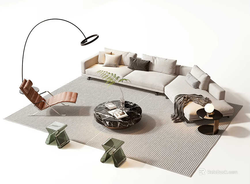 Contemporary Gray Sofa And Marble Coffee Table Set With Floor Lamp Accent Chair And Striped Rug 3d model 