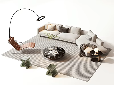 Contemporary Gray Sofa And Marble Coffee Table Set With Floor Lamp Accent Chair And Striped Rug 3d model