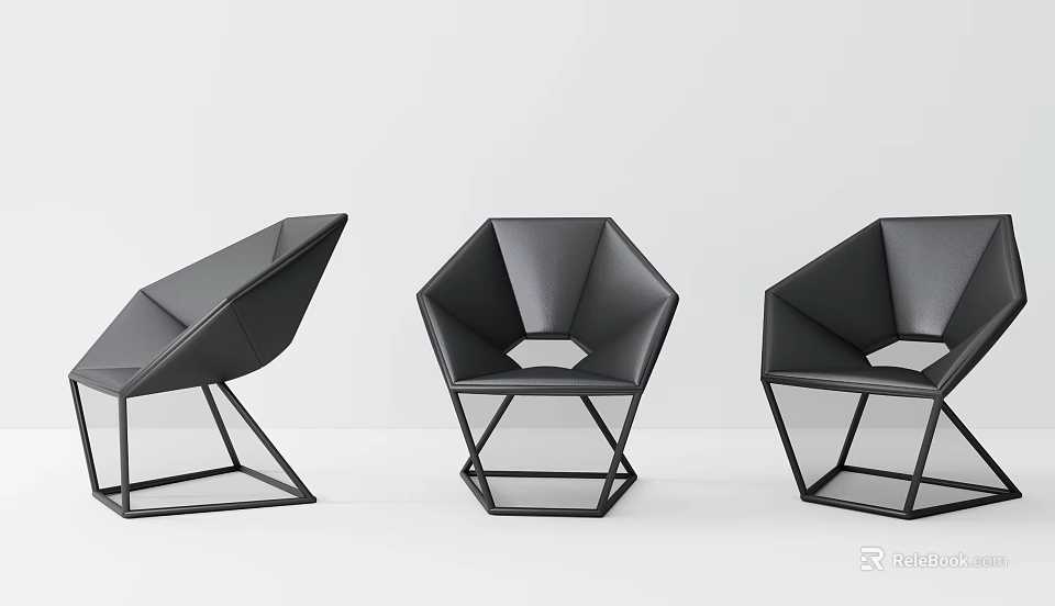 Three Modern Geometric Black Leather Leisure Chairs With Stylish Metal Frame Design 3d model 