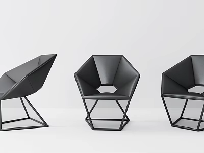 Three Modern Geometric Black Leather Leisure Chairs With Stylish Metal Frame Design 3d model