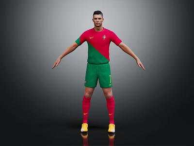 Man Wearing Red Green Portuguese Football Jersey Nike Logo Number 7 Yellow Cleats Grey Background 3d model