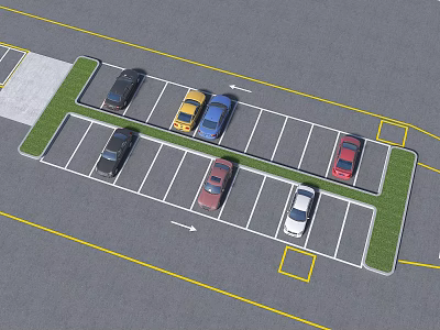Organized Parking Lot with Parked Cars Multiple Spaces Direction Arrows Grass Strips and Yellow Lines 3d model
