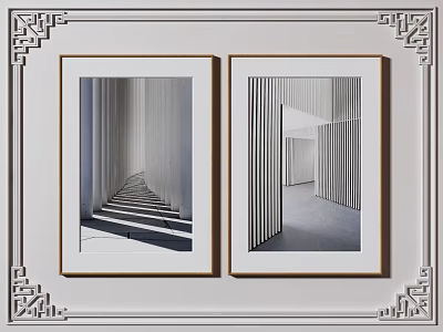 Two Modern Framed Wall Art Prints with Black White Architectural Lines and Minimalist Design 3d model