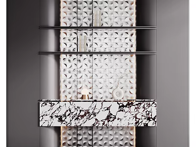 Modern Entryway Cabinet and Sideboard With Geometric Pattern Doors Open Shelves and Marble Countertop 3d model