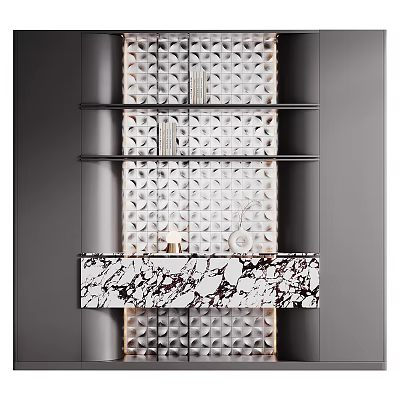 Modern Entryway Cabinet and Sideboard With Geometric Pattern Doors Open Shelves and Marble Countertop 3d model