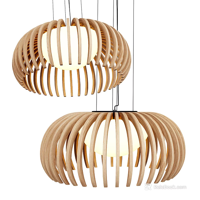 Two Modern Wooden Pendant Lights With Striped Structure And Warm Light 3d model 
