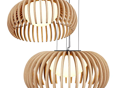 Two Modern Wooden Pendant Lights With Striped Structure And Warm Light 3d model