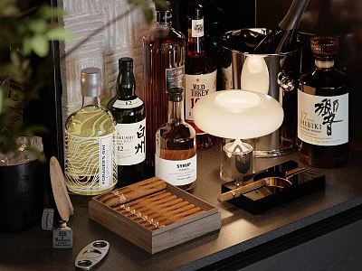 Elegant Wine Bottles And Glasses Display With Cigar Box Ice Bucket And Decanter 3d model