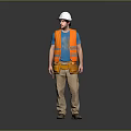 Man in Construction Worker Attire With White Hard Hat Orange Safety Vest and Tool Belt