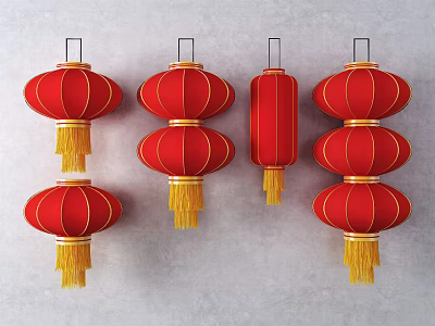 Traditional Red Hanging Lanterns With Yellow Tassels And Various Shapes 3d model