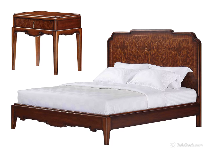 Elegant Wooden Double Bed With Carved Headboard Frame And Matching Nightstand White Sheets Design 3d model 