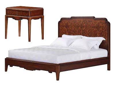 Elegant Wooden Double Bed With Carved Headboard Frame And Matching Nightstand White Sheets Design 3d model